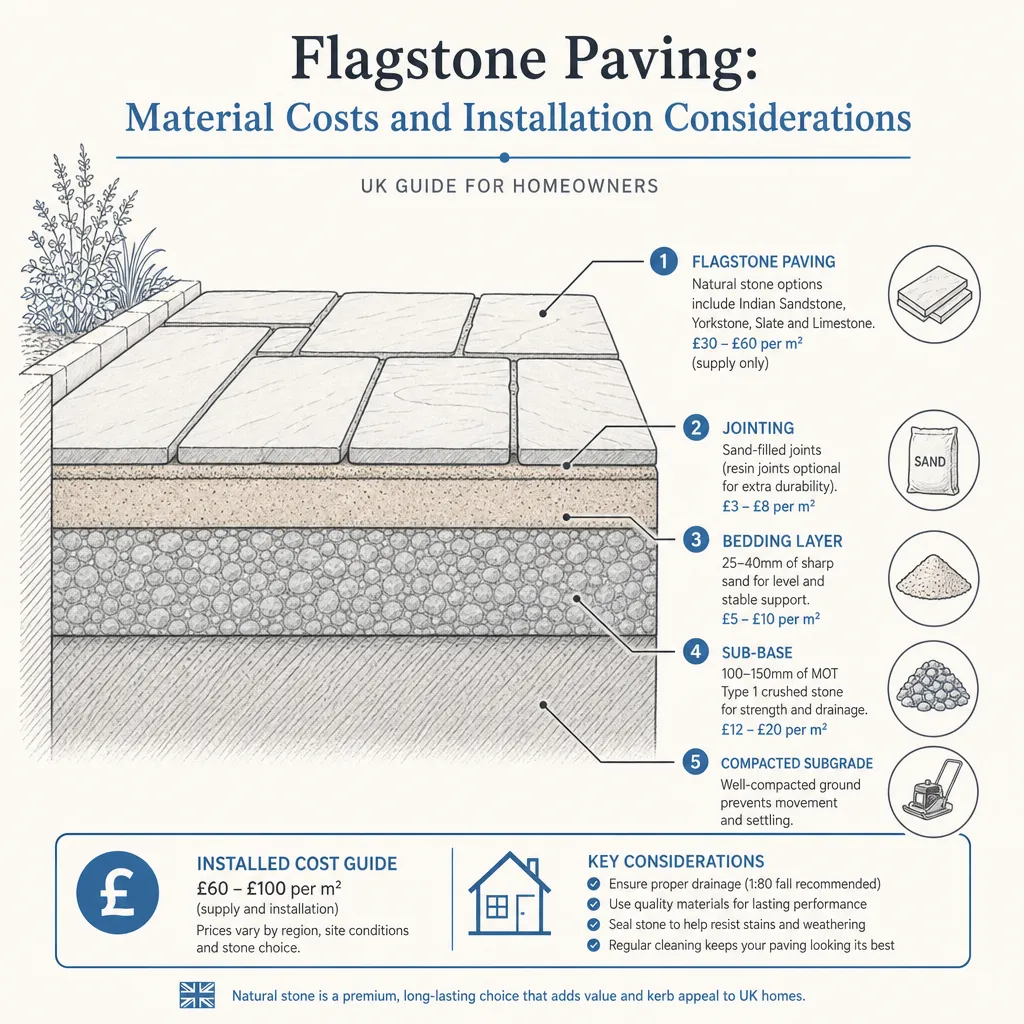 Diagram illustrating: Flagstone Paving: Material Costs and Installation Considerations