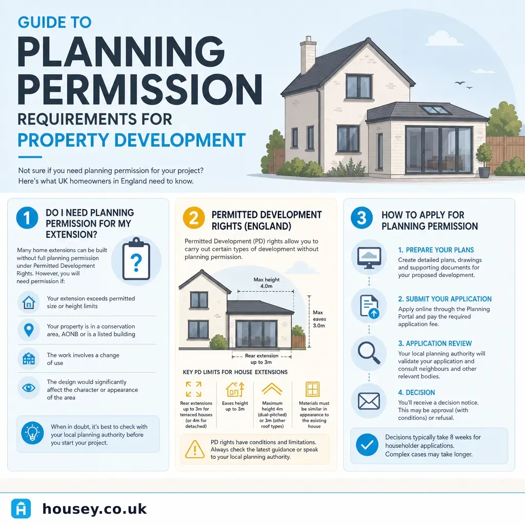 Infographic illustrating: Guide to Planning Permission Requirements for Property Development