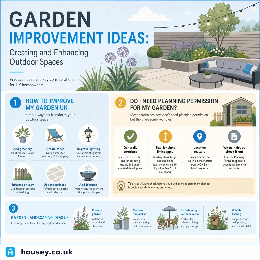 Infographic illustrating: Garden Improvement Ideas: Creating and Enhancing Outdoor Spaces