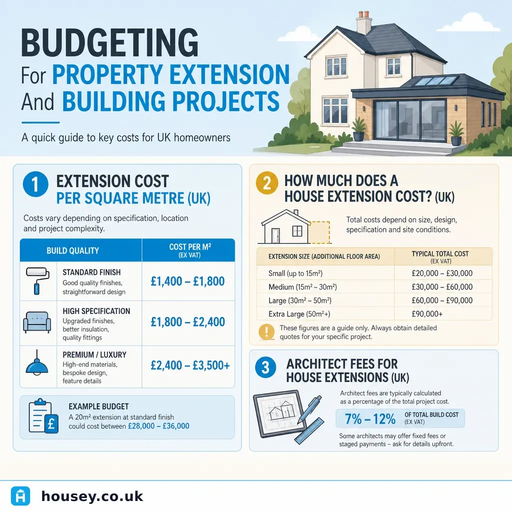 Infographic illustrating: Budgeting For Property Extension And Building Projects