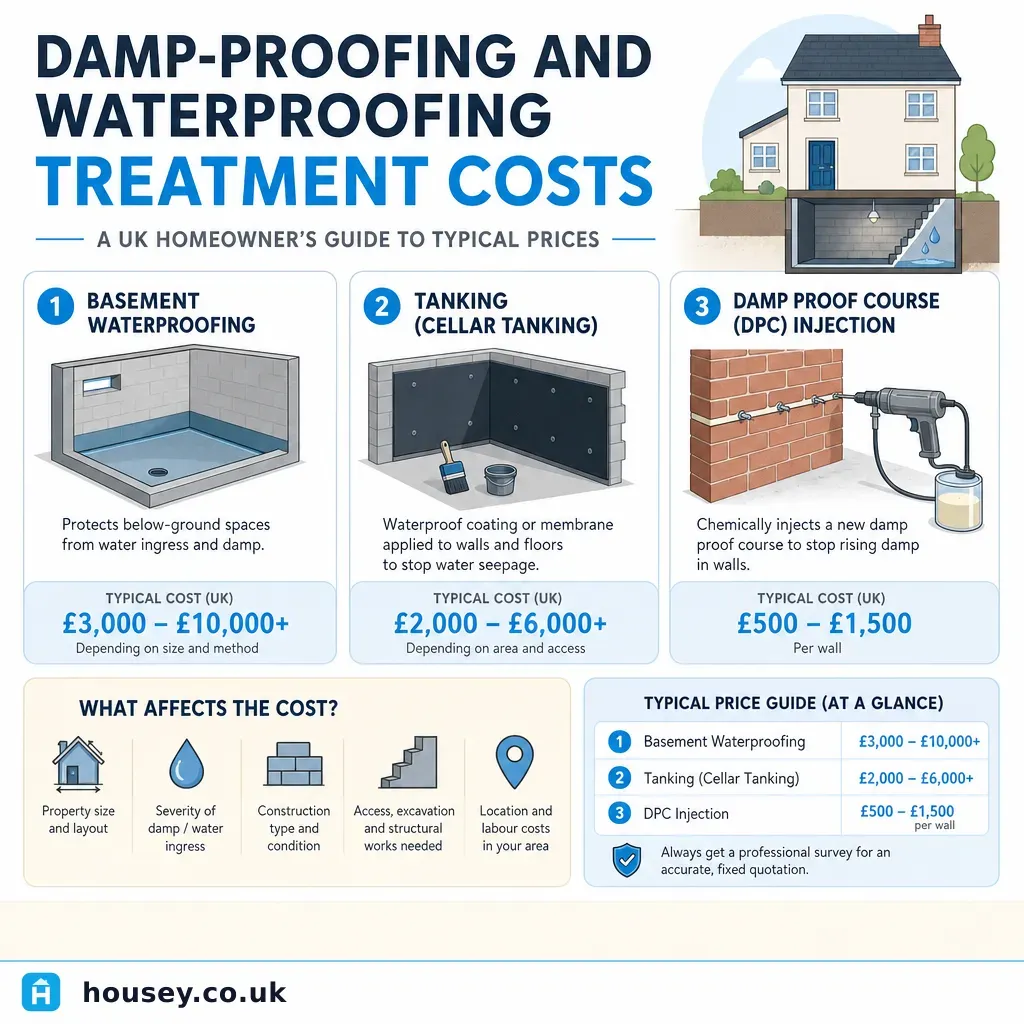 Infographic illustrating: Damp-Proofing and Waterproofing Treatment Costs