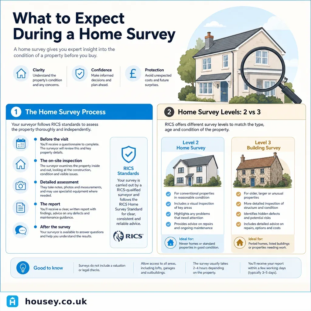 Infographic illustrating: What to Expect During a Home Survey