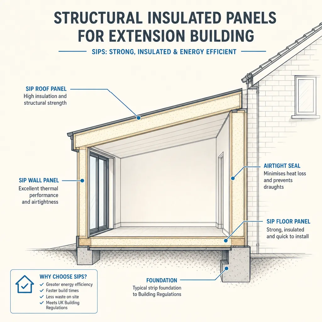 Diagram illustrating: Structural Insulated Panels for Extension Building