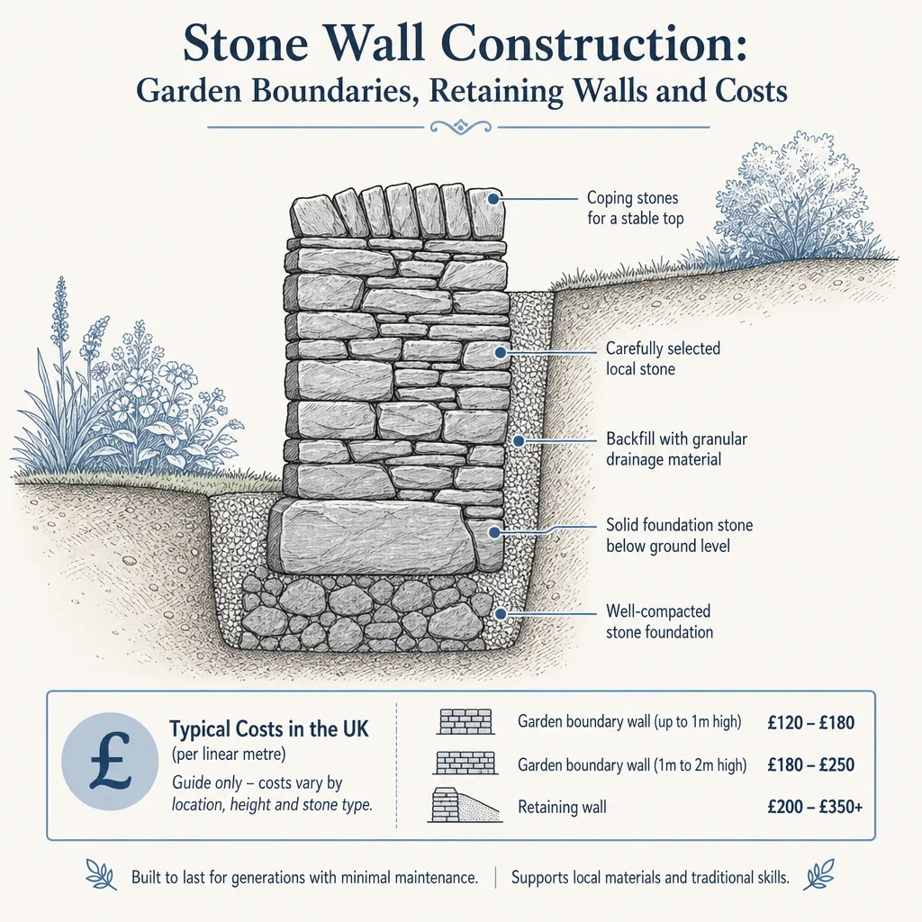 Diagram illustrating: Stone Wall Construction: Garden Boundaries, Retaining Walls and Costs