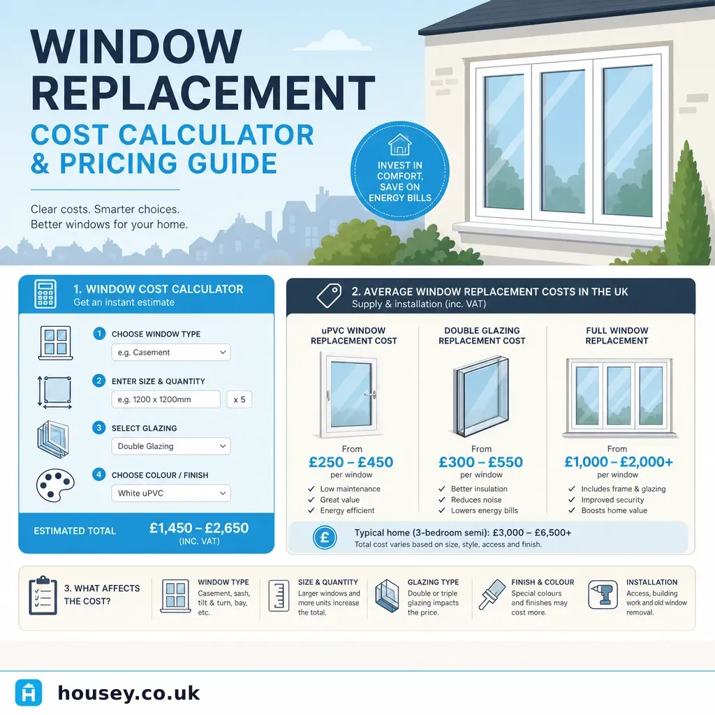 Infographic illustrating: Window Replacement Cost Calculator and Pricing Guide