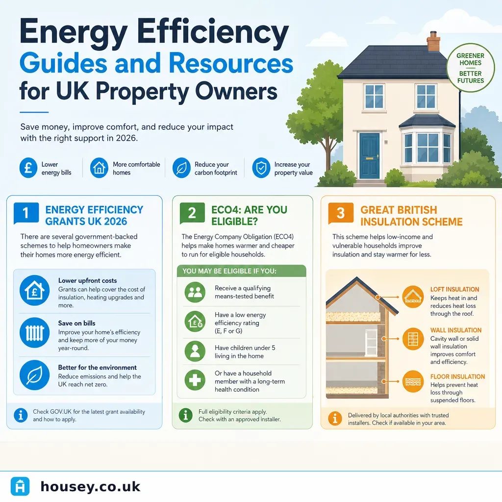 Infographic illustrating: Energy Efficiency Guides and Resources for UK Property Owners