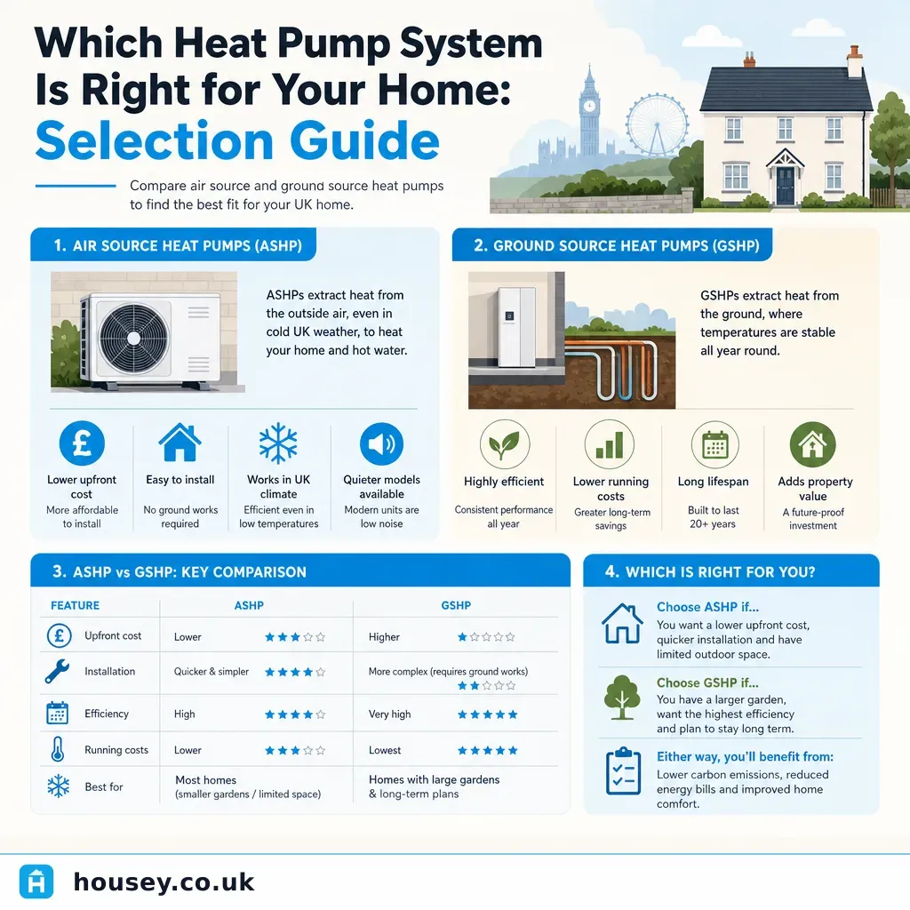 Infographic illustrating: Which Heat Pump System Is Right for Your Home: Selection Guide