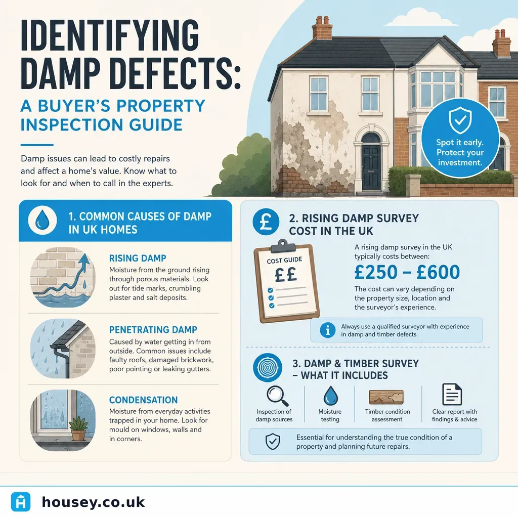 Infographic illustrating: Identifying Damp Defects: A Buyer's Property Inspection Guide