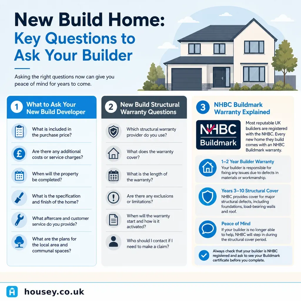 Infographic illustrating: New Build Home: Key Questions to Ask Your Builder