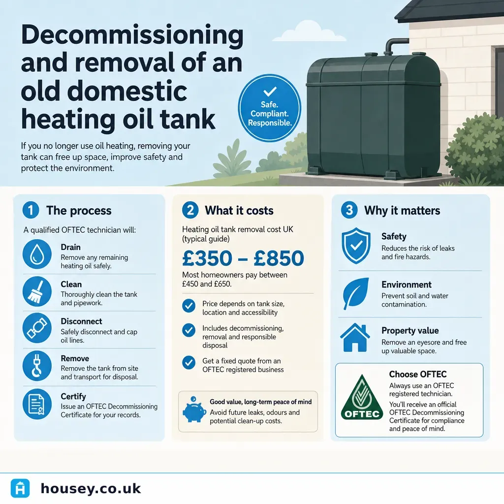 Infographic illustrating: Decommissioning and removal of an old domestic heating oil tank