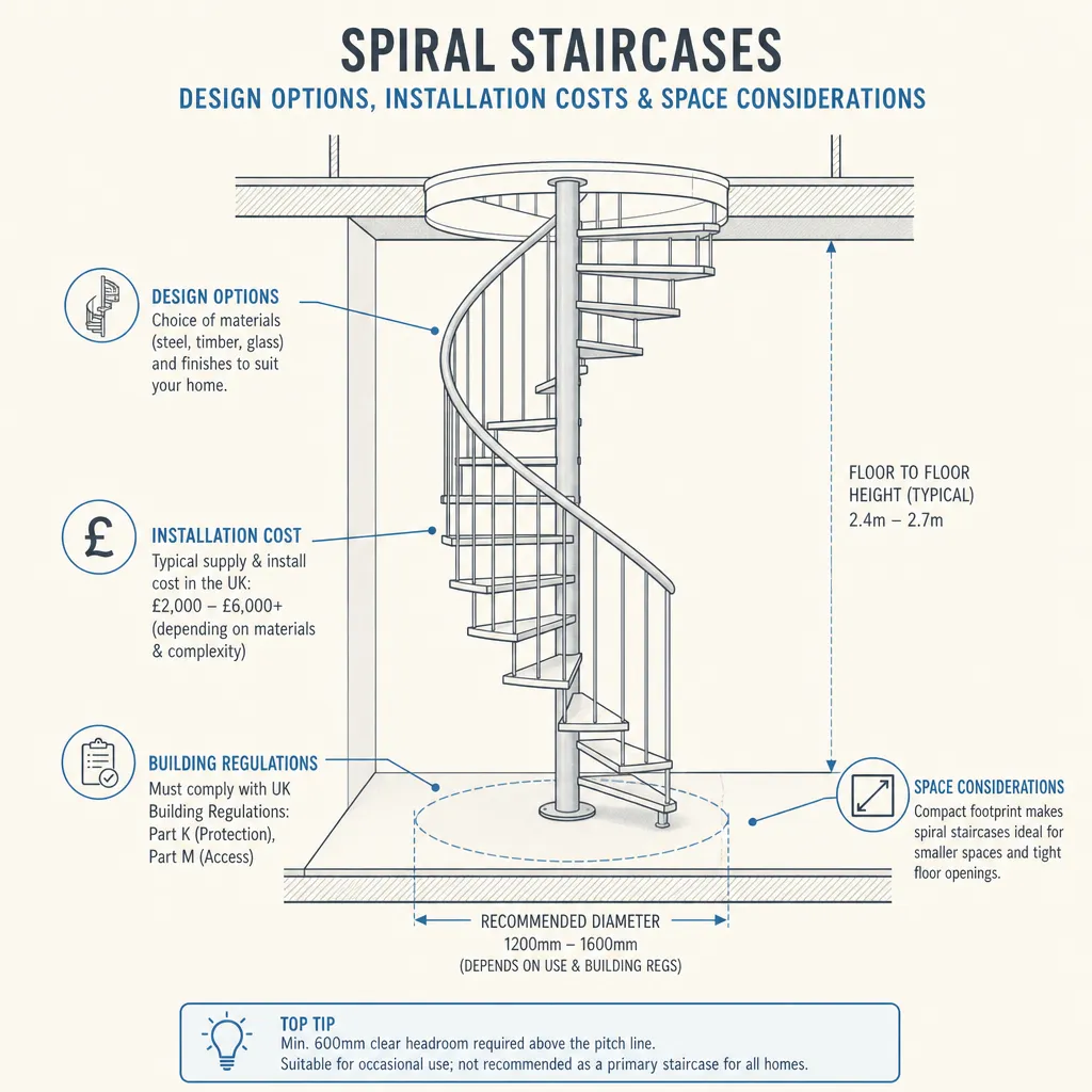 Diagram illustrating: Spiral staircases: design options, installation costs and space considerations