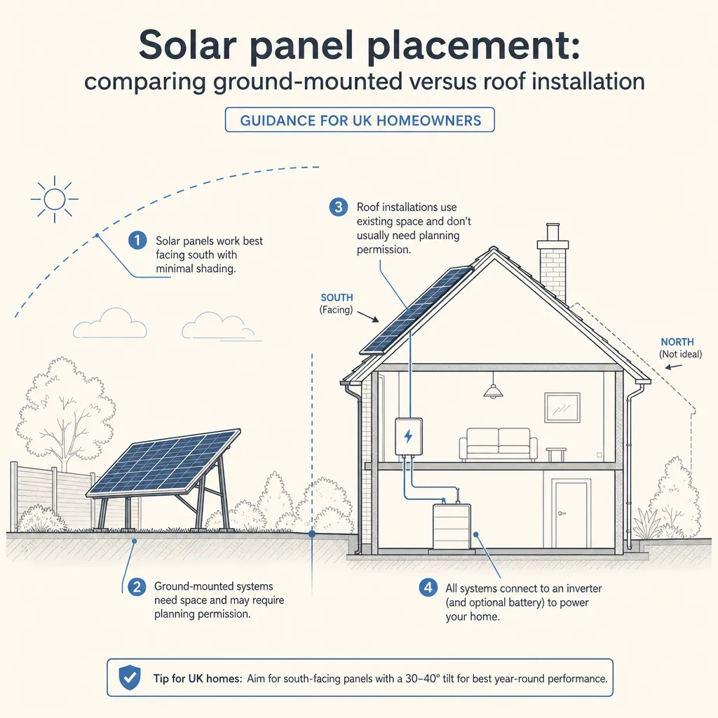 Diagram illustrating: Solar panel placement: comparing ground-mounted versus roof installation