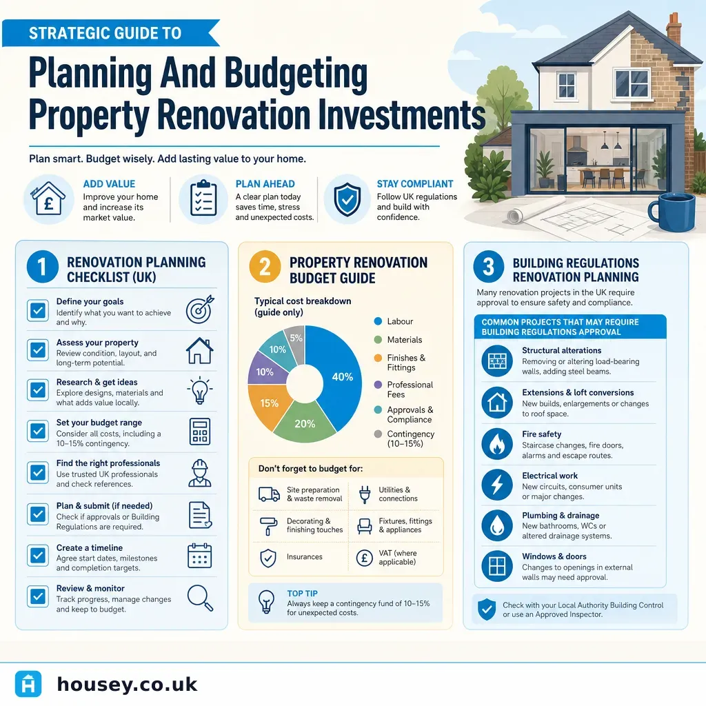 Infographic illustrating: Strategic Guide To Planning And Budgeting Property Renovation Investments