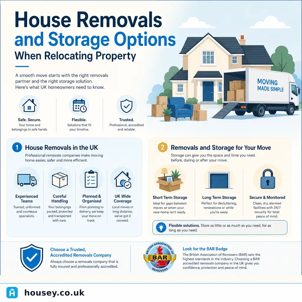 Infographic illustrating: House Removals and Storage Options When Relocating Property