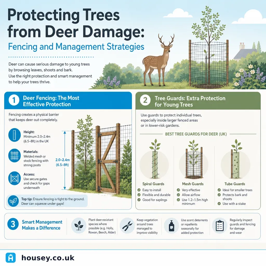 Infographic illustrating: Protecting Trees from Deer Damage: Fencing and Management Strategies