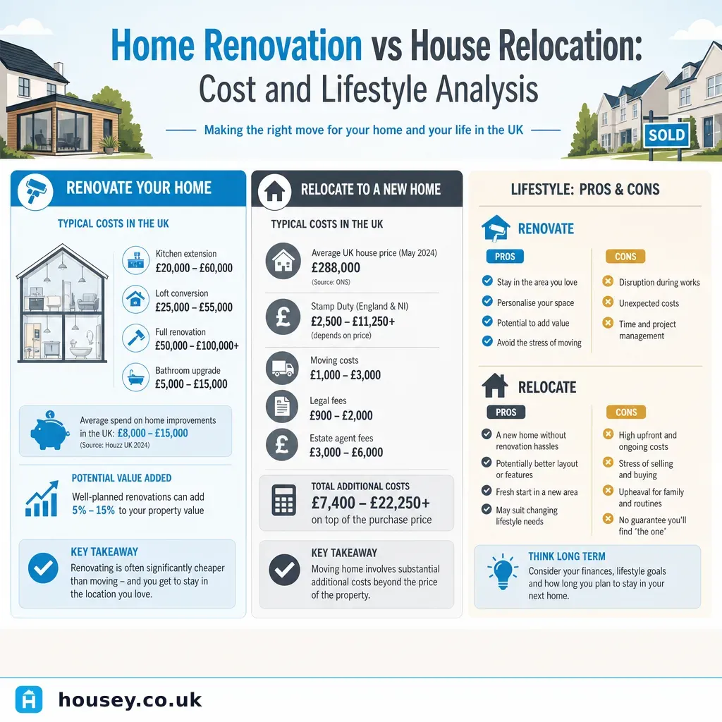 Infographic illustrating: Home Renovation vs House Relocation: Cost and Lifestyle Analysis