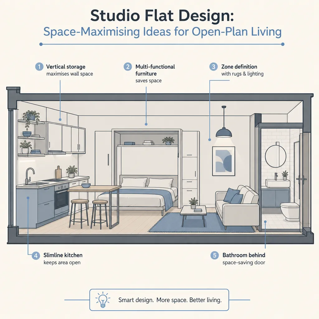 Diagram illustrating: Studio Flat Design: Space-Maximising Ideas for Open-Plan Living