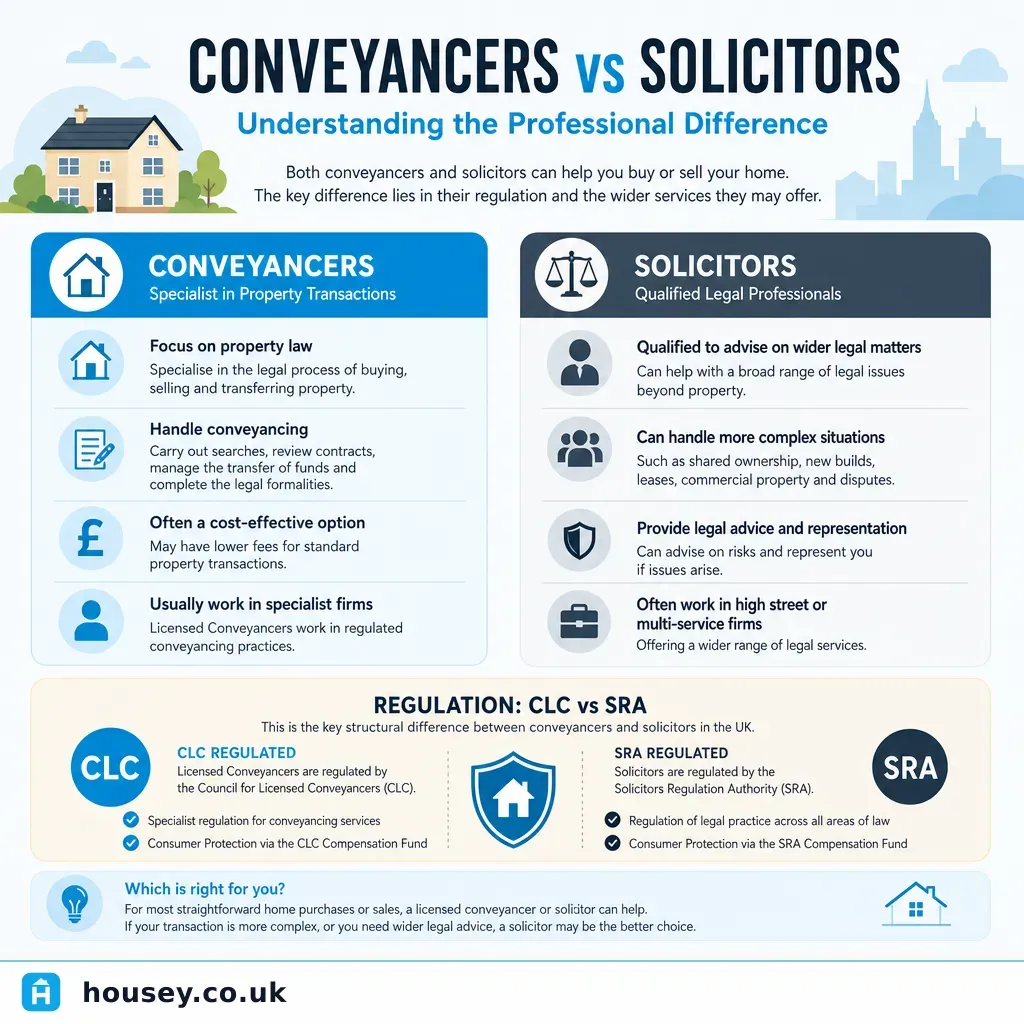 Infographic illustrating: Conveyancers vs Solicitors: Understanding the Professional Difference