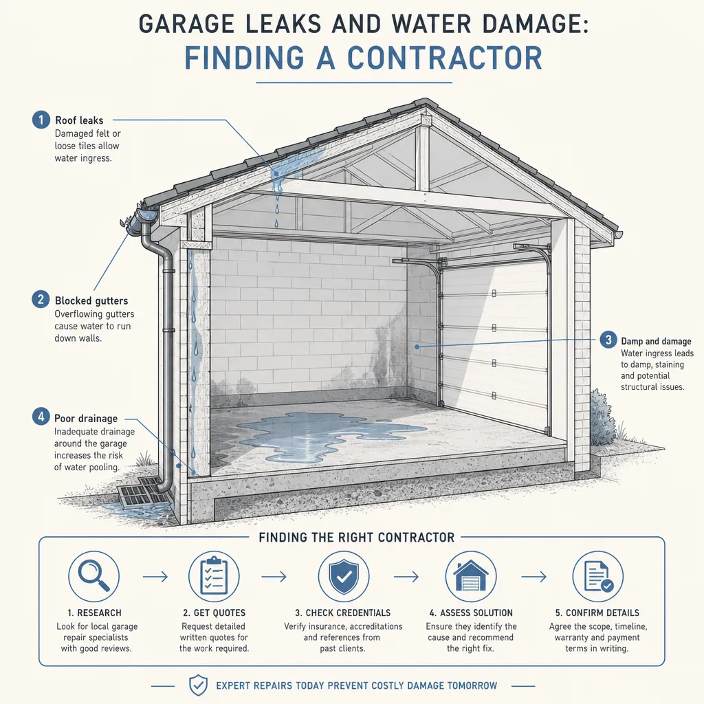 Diagram illustrating: Garage Leaks and Water Damage: Finding a Contractor