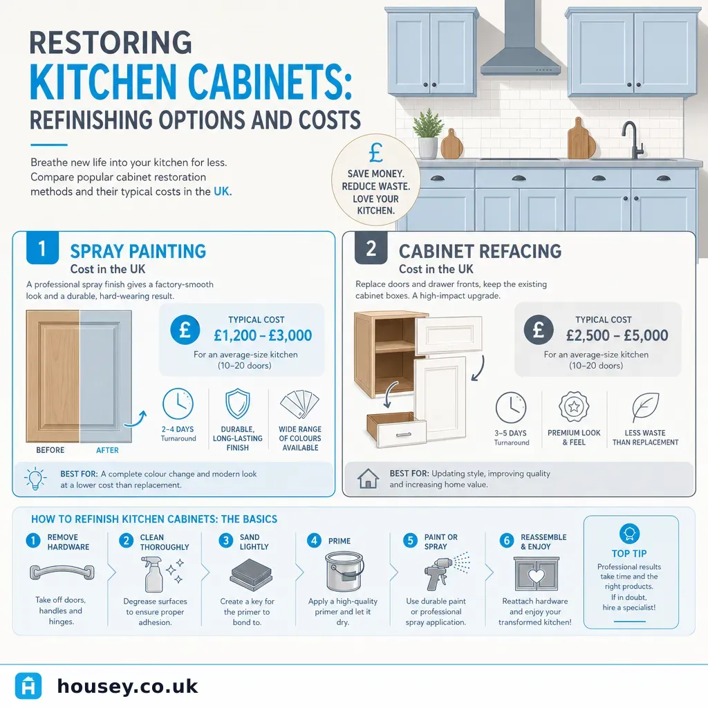 Infographic illustrating: Restoring Kitchen Cabinets: Refinishing Options and Costs