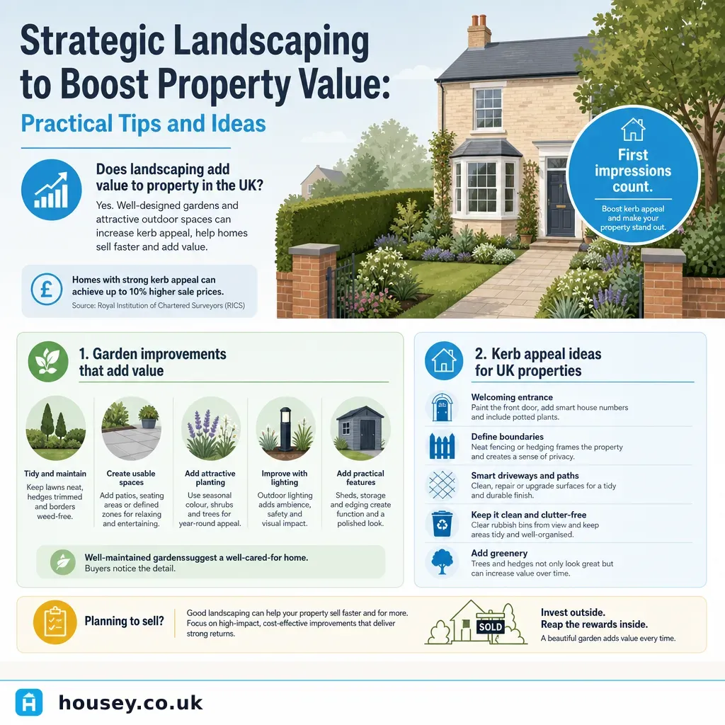 Infographic illustrating: Strategic Landscaping to Boost Property Value: Practical Tips and Ideas