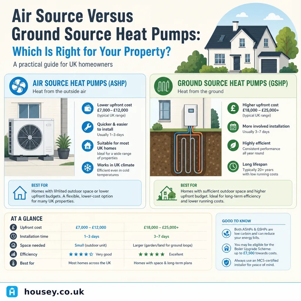 Infographic illustrating: Air Source Versus Ground Source Heat Pumps: Which Is Right for Your Property?