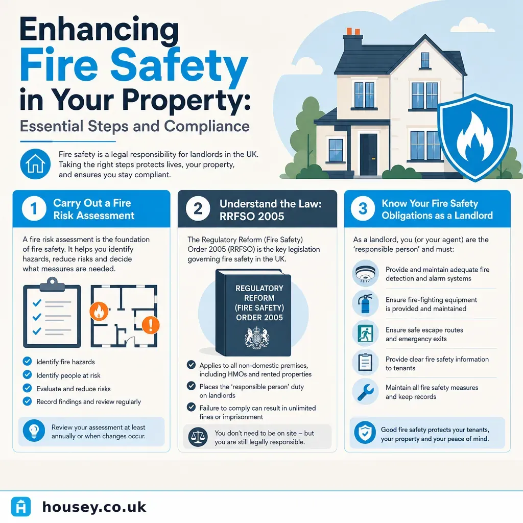 Infographic illustrating: Enhancing Fire Safety in Your Property: Essential Steps and Compliance