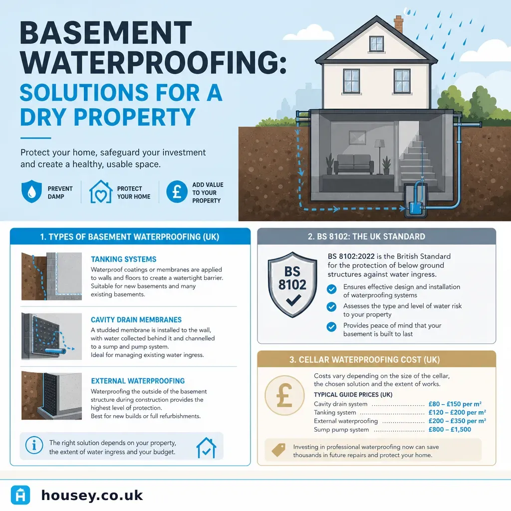 Infographic illustrating: Basement Waterproofing: Solutions for a Dry Property