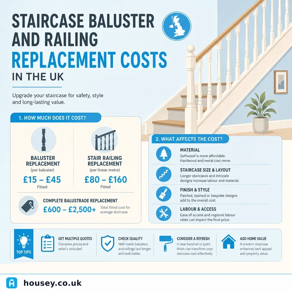 Infographic illustrating: Staircase Baluster and Railing Replacement Costs in the UK