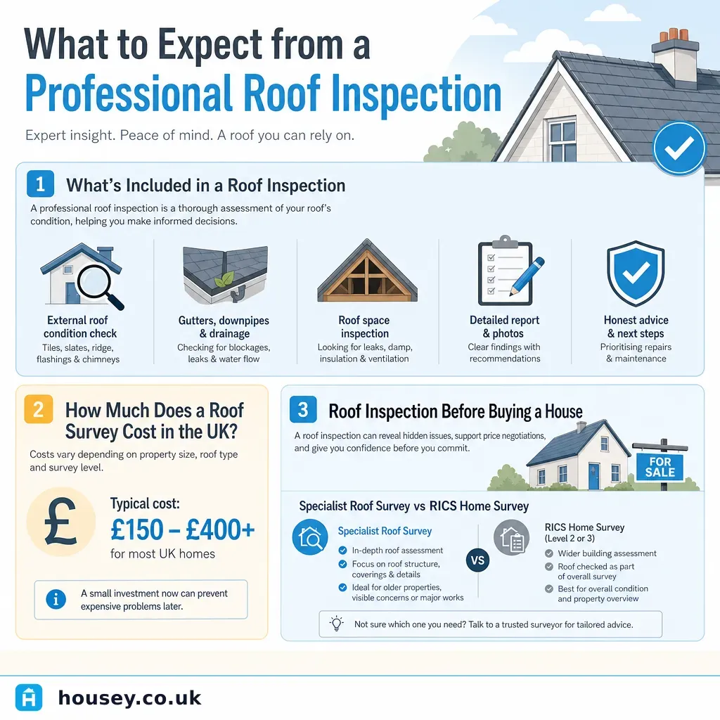 Infographic illustrating: What to Expect from a Professional Roof Inspection