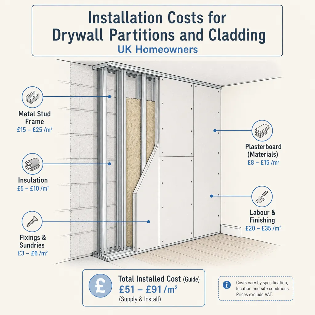 Diagram illustrating: Installation Costs for Drywall Partitions and Cladding