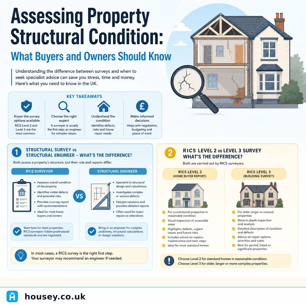 Infographic illustrating: Assessing Property Structural Condition: What Buyers and Owners Should Know