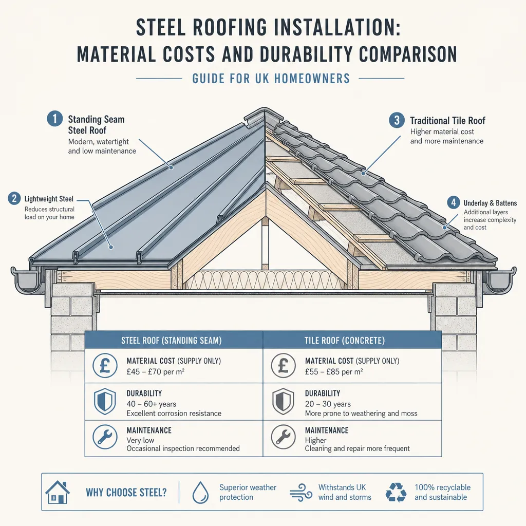 Diagram illustrating: Steel Roofing Installation: Material Costs and Durability Comparison