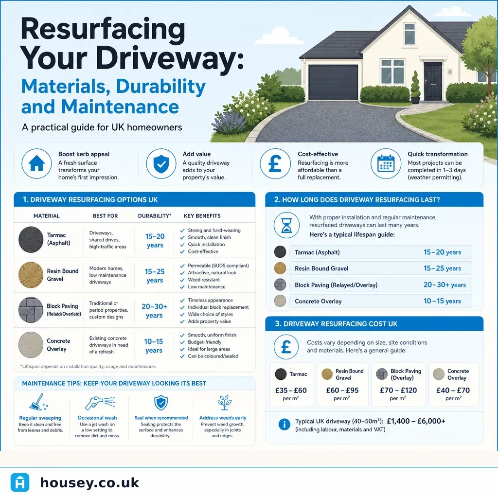 Infographic illustrating: Resurfacing Your Driveway: Materials, Durability and Maintenance