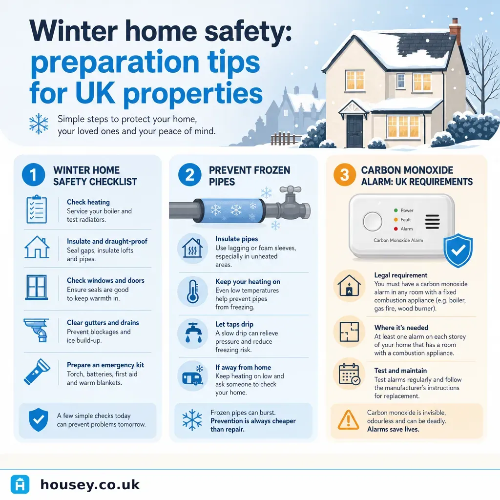 Infographic illustrating: Winter home safety: preparation tips for UK properties