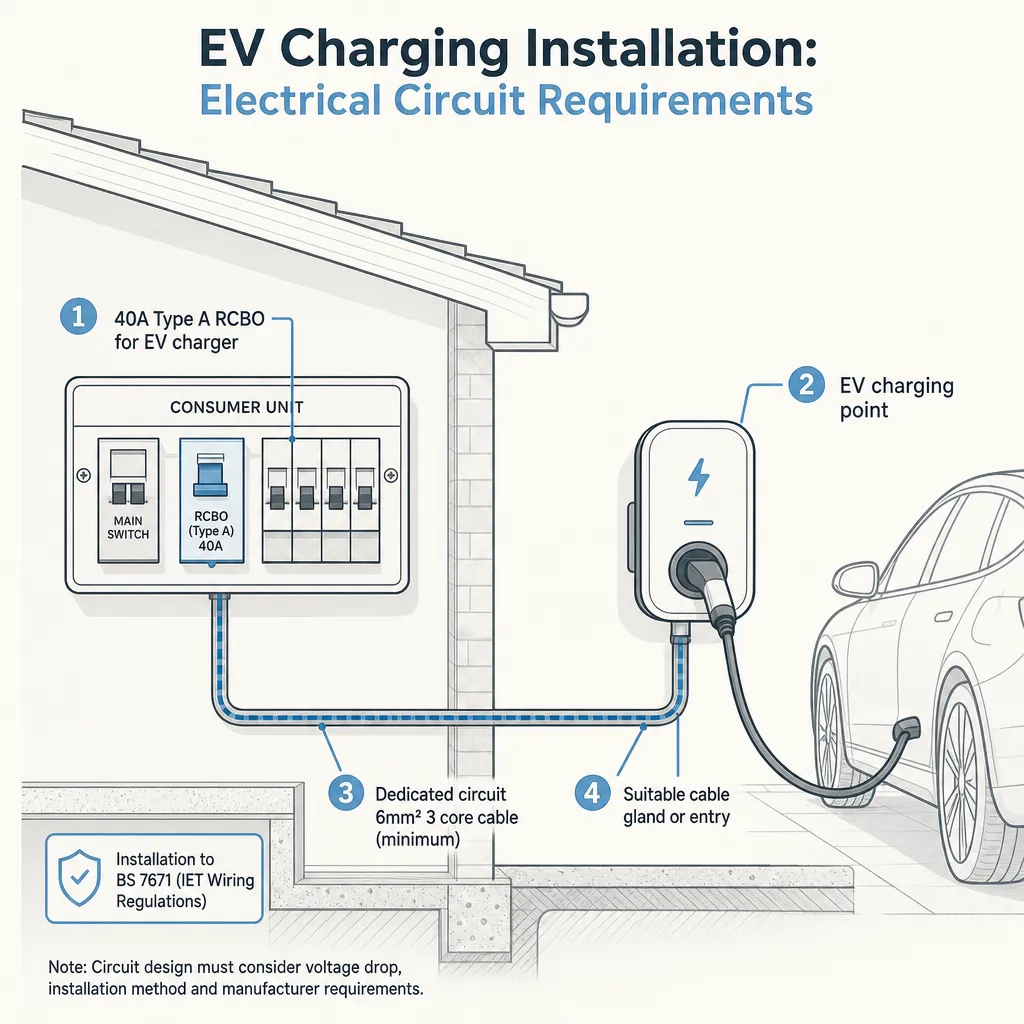 Diagram illustrating: EV Charging Installation: Electrical Circuit Requirements