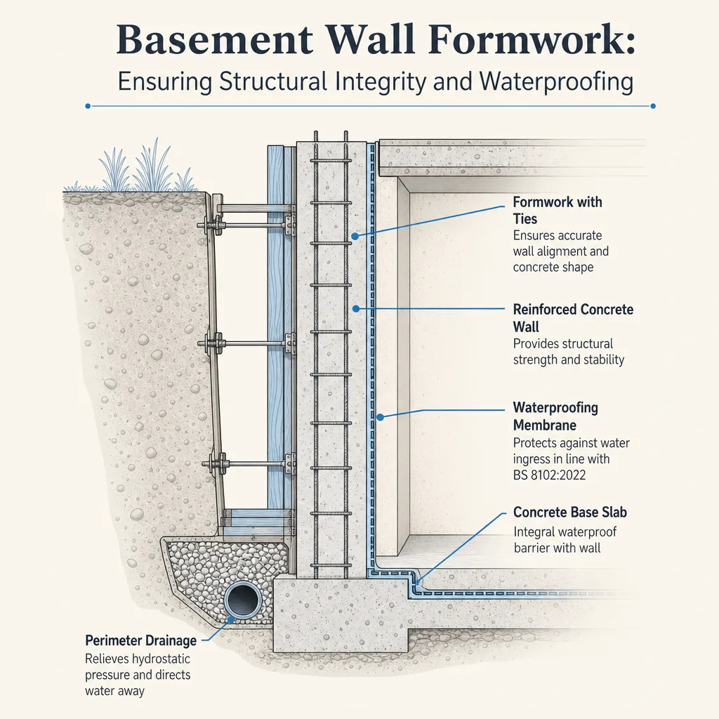 Diagram illustrating: Basement Wall Formwork: Ensuring Structural Integrity and Waterproofing