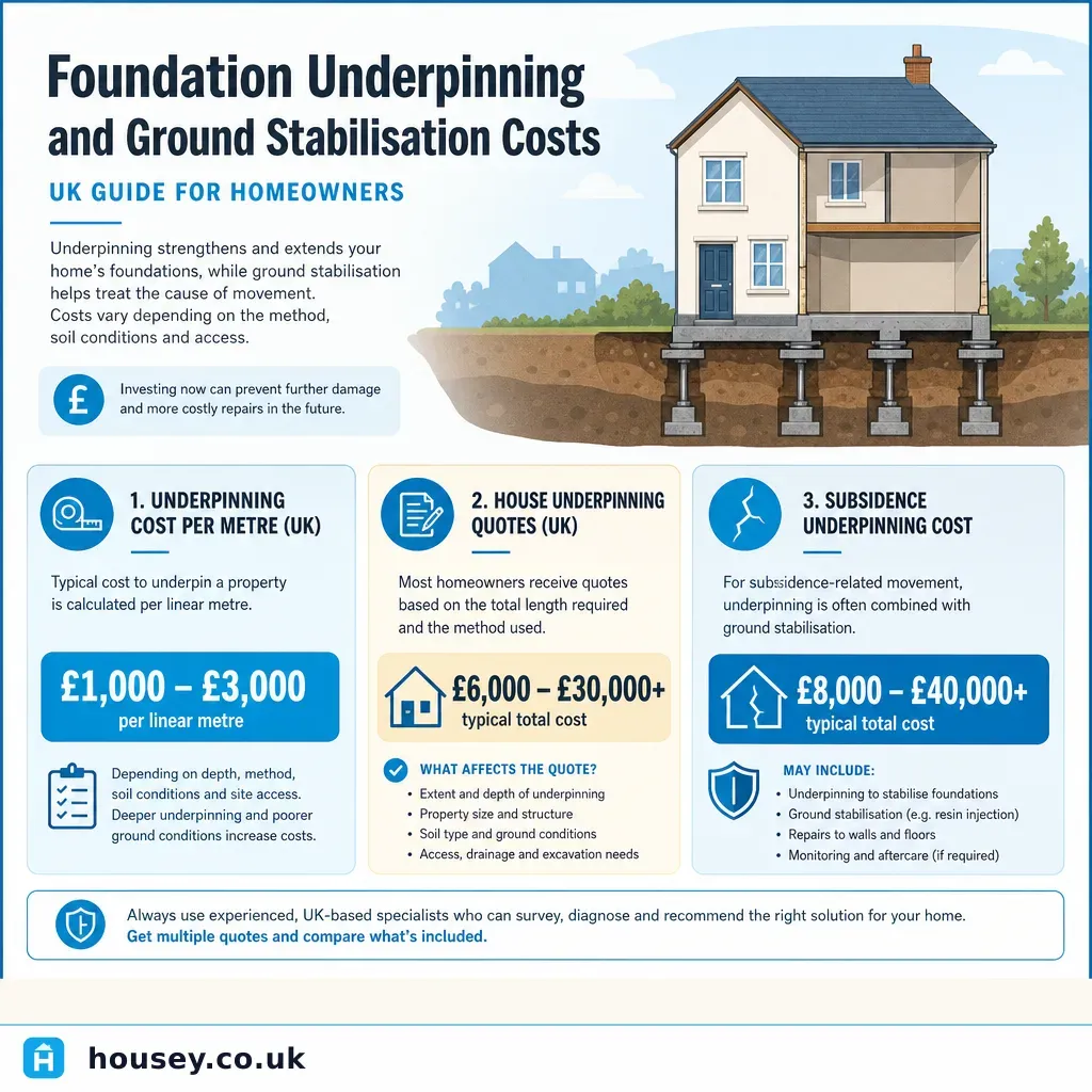 Infographic illustrating: Foundation Underpinning and Ground Stabilisation Costs
