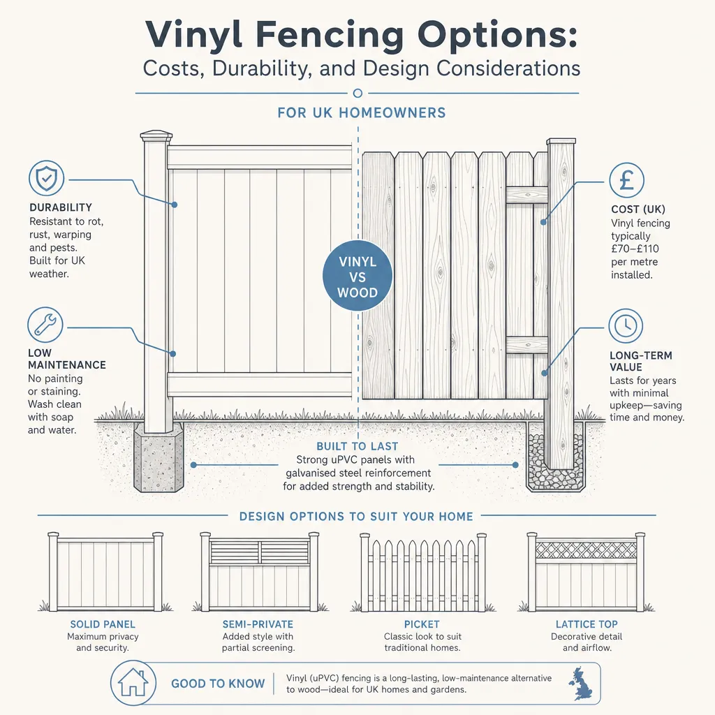 Diagram illustrating: Vinyl Fencing Options: Costs, Durability, and Design Considerations