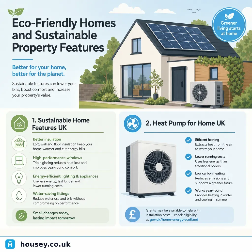 Infographic illustrating: Eco-Friendly Homes and Sustainable Property Features