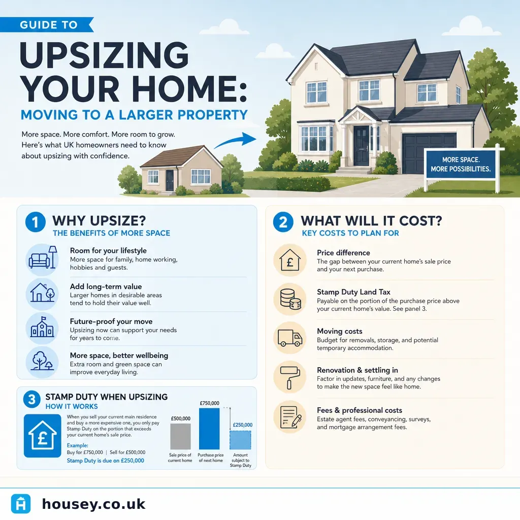 Infographic illustrating: Guide to Upsizing Your Home: Moving to a Larger Property