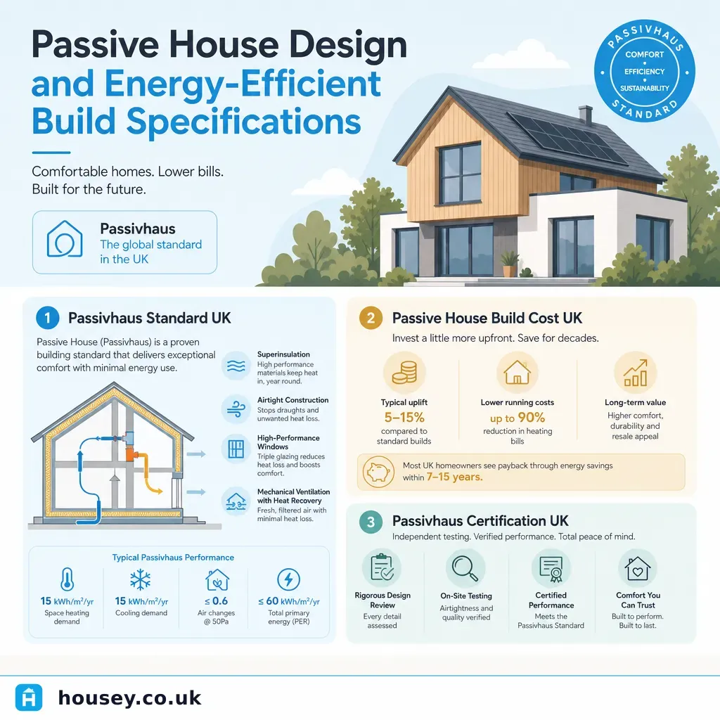 Infographic illustrating: Passive House Design and Energy-Efficient Build Specifications