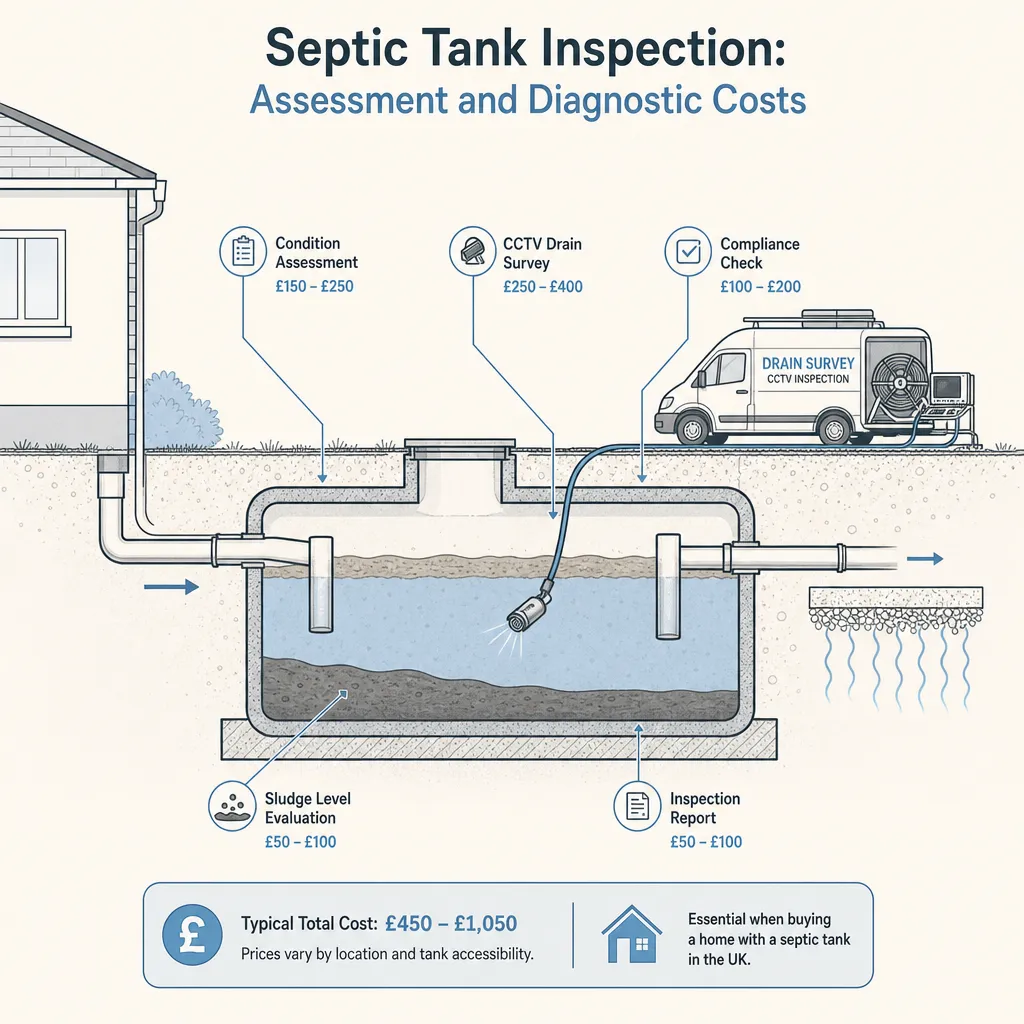 Diagram illustrating: Septic Tank Inspection: Assessment and Diagnostic Costs