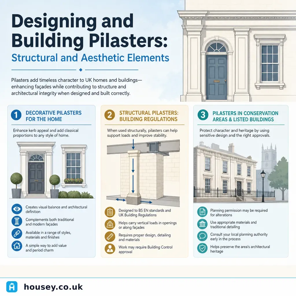 Infographic illustrating: Designing and Building Pilasters: Structural and Aesthetic Elements
