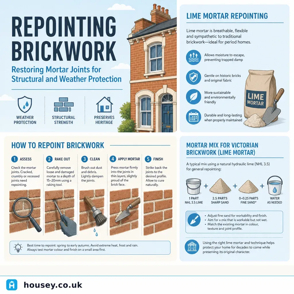 Infographic illustrating: Repointing Brickwork: Restoring Mortar Joints for Structural and Weather Protection
