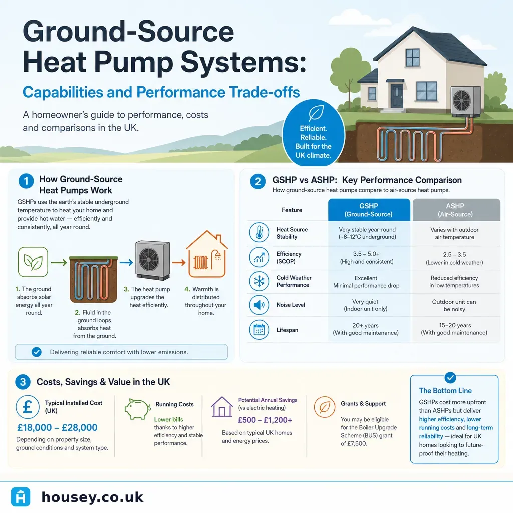 Infographic illustrating: Ground-Source Heat Pump Systems: Capabilities and Performance Trade-offs