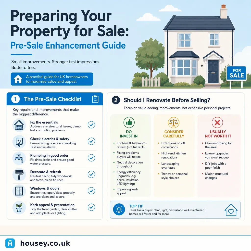 Infographic illustrating: Preparing Your Property for Sale: Pre-Sale Enhancement Guide