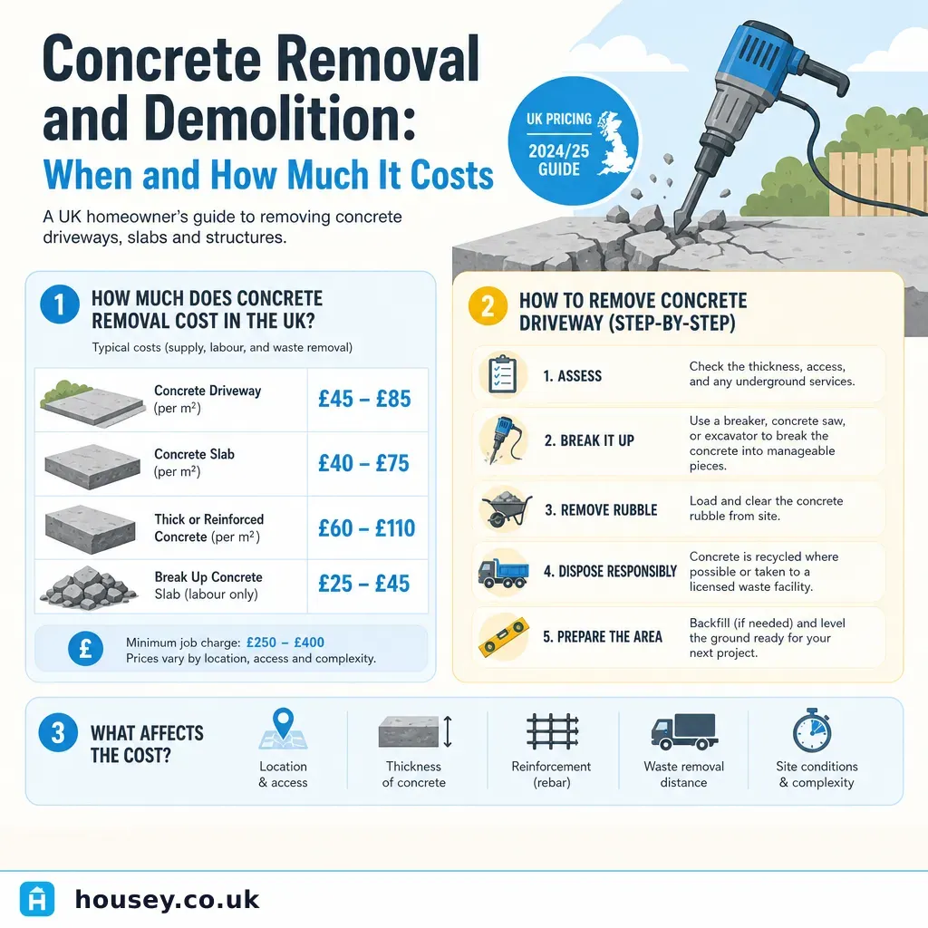 Infographic illustrating: Concrete Removal and Demolition: When and How Much It Costs