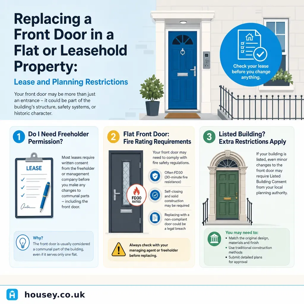 Infographic illustrating: Replacing a Front Door in a Flat or Leasehold Property: Lease and Planning Restrictions