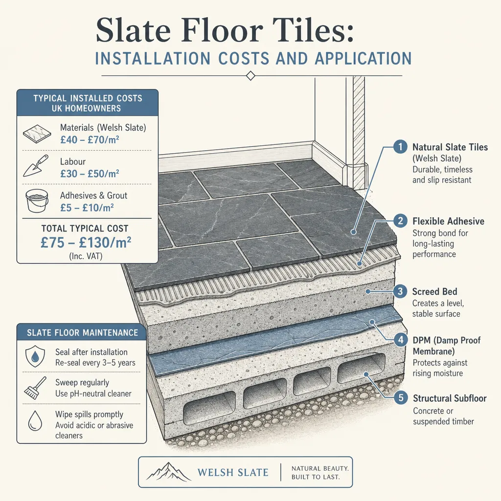 Diagram illustrating: Slate Floor Tiles: Installation Costs and Application